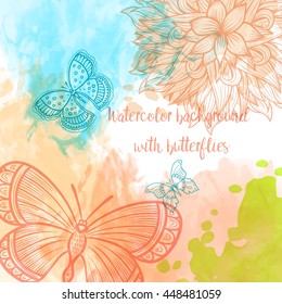 Watercolor abstract background with hand drawing floral pattern and butterflies. Autumn colors