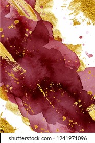 Watercolor abstract background, hand drawn watercolour burgundy and gold texture Vector illustration