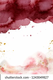 Watercolor abstract background, hand drawn watercolour burgundy and gold texture Vector illustration