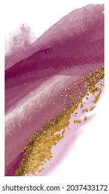 Watercolor, abstract background, hand-drawn purple and gold paint texture with glitters. Vector modern illustration with spray, smoke, foil.
