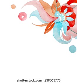 Watercolor abstract background. Orange, red, blue ornamental elements in vector. Bright fashion illustration