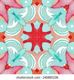 Watercolor abstract background. Orange, red, blue ornamental elements in vector. Bright fashion illustration