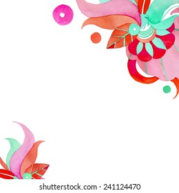 Watercolor abstract background. Orange, red, blue ornamental elements in vector. Bright fashion illustration