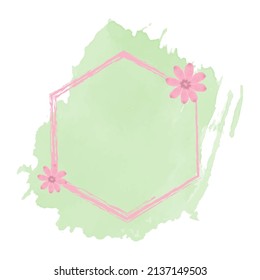 Watercolor abstract background in pastel colors. Pink frame with flowers on a green background.  Can be used for invitation, greeting card.