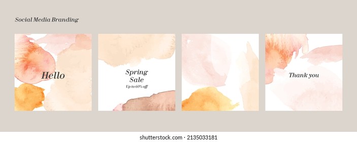 Watercolor abstract background for social media template. Hand painted texture. Peach, orange, lemon color vector illustration.