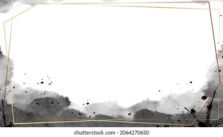 Watercolor abstract background with splash paint brush and golden line art in black and white with copy space for text,Vector Illustration classic design for print, wall art, cover or invitation card.