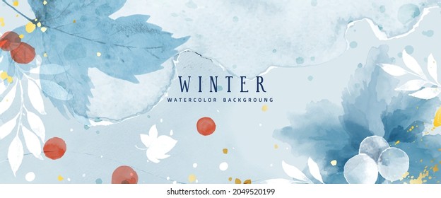 Watercolor abstract background winter collection with flower and seasonal leaves. Hand-painted watercolor natural art, suitable for your designed header, banner, cover, web, wall, cards, etc.