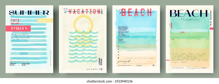 Watercolor abstract backgrounds, vector , beach, sunset, sea. Event poster , invitation card .Set of creative minimalist hand painted illustrations for wall decoration. Pastel colors. 