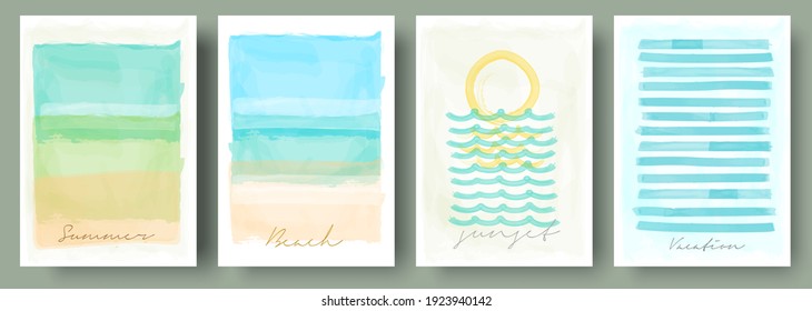 Watercolor abstract backgrounds, vector , beach, sunset, sea. Set of creative minimalist hand painted illustrations for wall decoration. Pastel colors. Handwritten inscriptions. 