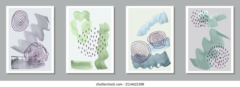 Juego de vectores de banners abstractos de acuarela. Las acuarelas manchan la textura. Impresiones de estilo chino. Estilosas plantillas de banner. Elementos Doodle.