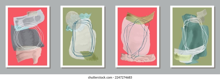 Juego de vectores de banners abstractos de acuarela. Las acuarelas manchan la textura. Impresiones de estilo chino. Fantásticas plantillas de ilustraciones. Elementos de trazo de pincel.