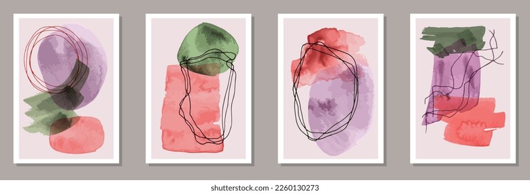 Watercolor abstract banners vector set. Watercolor blots backgrounds. 60s style prints. Cool artwork layouts. Doodle elements.