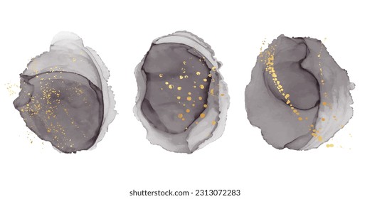 Watercolor abstract black ink stains or design elements with golden paint splashes.