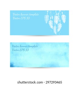 Watercolor abstract blue hand drawn banner or card template with white line art feathers. Vector EPS 10