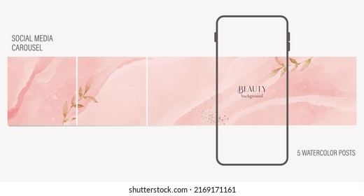 Abstrakte Karussellhintergründe in Aquarellfarben in Pastellrosa mit goldenen Elementen für soziale Medien. Perfekt für Schönheit, Kosmetik, Schmuck, Selbstpflege, Hochzeit.