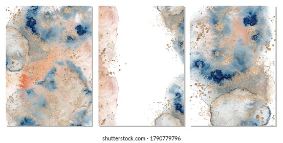 Watercolor abstract classic blue, pink and gold, backgrounds set, hand drawn watercolour texture Vector illustration