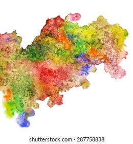 Watercolor abstract colorful paint stain, splash, border closeup on white background. Hand painting on paper  