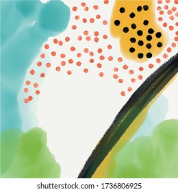 Aquarelle abstrait collage créatif coloré avec gribouillis et formes. Conception de l'affiche, de la carte, de la brochure, du prospectus, de la couverture, de la bannière, de l'étiquette, de l'invitation. Modèle pour l'histoire. 