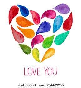 Watercolor abstract drops of different colors, arranged in a heart shape