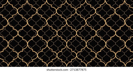 Patrón sin fisuras geométrico abstracto de la acuarela. Antiguas textura marroquí decorativa con línea dorada. Acuarela dibujada a mano de terciopelo fondo dorado negro. EPS10, SITIO WEB
