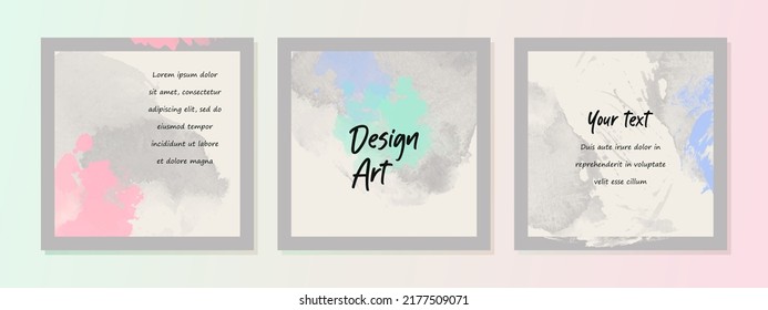 Watercolor abstract gray background templates with a colorful stains. For social media square post, fashion, beauty, cosmetics, makeup, home decoration, marketing materials. Vector.