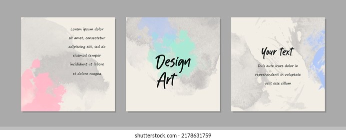 Watercolor abstract gray backgrounds with blue, pink and mint stains. Creative templates for social media post, wall decoration, fashion, beauty, makeup, cosmetics, marketing materials