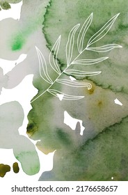 Watercolor abstract green doodle background. Leaf white ornament.
