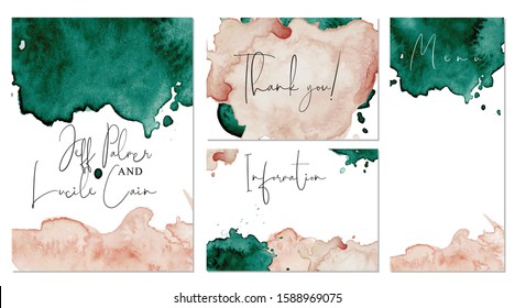 Watercolor abstract green and pink wedding set with hand drawn background.  Vector set