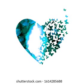 Watercolor abstract heart of butterflies. Mixed media. Vector illustration