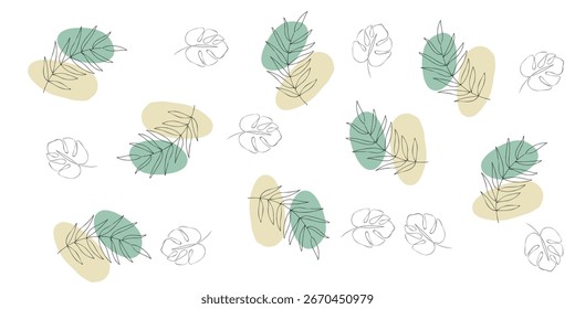Elementos de hojas abstractas de acuarela en tonos verde pastel y amarillo, con texturas delicadas y un estilo minimalista.