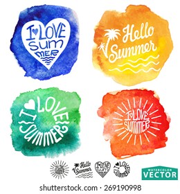 Watercolor Abstract logo,background,card.Wet texture, stains,splash and typography title I love summer,sun burst,heart,lifebuoy.Painting artistic design. Vector illustration, hand drawing art,template