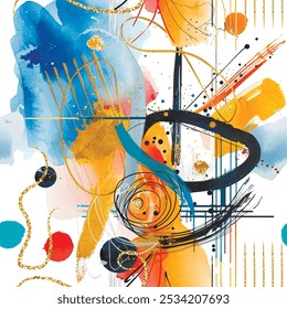 Watercolor Abstract modern brush strokes, stripes, spots circles seamless pattern. Painted hand drawn watercolor dirty vector background. Trendy graffiti style endless fabric pattern. Wallpaper.