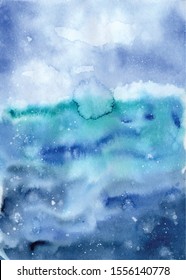 Watercolor abstract ocean illustration, blue sea hand drawn landscape