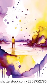 Watercolor abstract paint spots drawing.The guy looks at nature.Dreamy land landscape vector painting illustration. Streaks of paint.Violet yellow white colors.River.Woodland.Autumn.