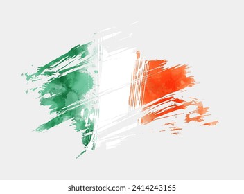 Watercolor abstract painted background with Ireland grunge flag. Template for national holidays or celebration background.