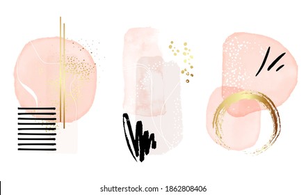 Watercolor abstract painting background.  Rose gold ink,  Pastel pink shpes frame boho rustic decoration. Rough liquid circle with digital foil splashes  in vector 