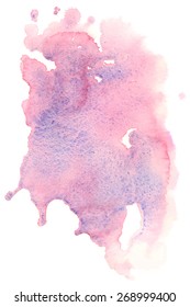 Watercolor abstract pink colors paint stain, splash closeup on white background. Hand painting on paper 
