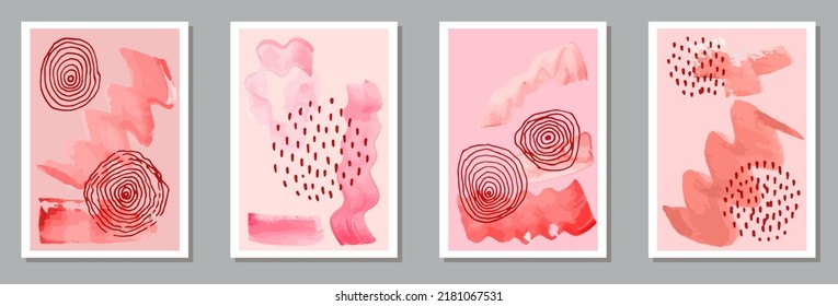 Colección vectorial de postales abstractas de color de agua. La acuarela oscila la textura. Marcos de estilo nórdico. Buenos modelos de decoración casera. Elementos Doodle.