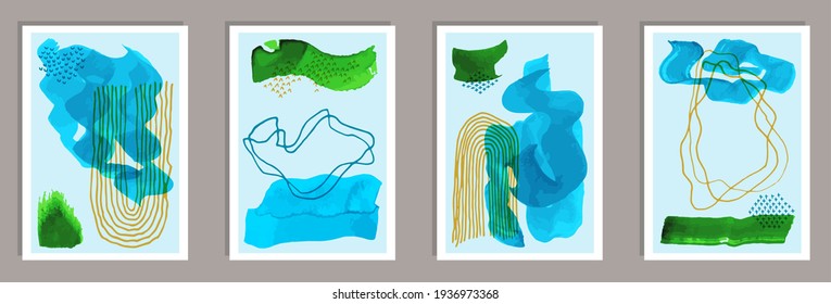 Watercolor abstract postcards vector set. Watercolor splashes shapes. 20s style prints. Cool house decor layouts. Doodle elements.
