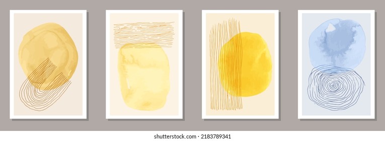Watercolor abstract postcards vector set. Watercolor splats texture. Chinese style prints. Stylish artistic cover templates. Scribble elements.