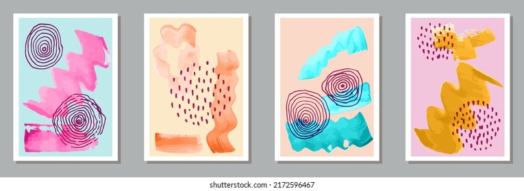 Colección vectorial de afiches abstractos de acuarela. Patrones de manchas acuáticas. Impresiones de estilo de los años 20. Diseño elegante de carteles en la pared. Elementos Doodle.