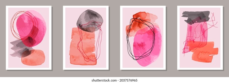 Abstrakte, abstrakte Plakate, Vektorset mit Wasserfarbe. Aquarellfarben färben Formen. Rahmen im Stil der 50er Jahre. Cool künstlerische Cover-Vorlagen. Pinselstriche.