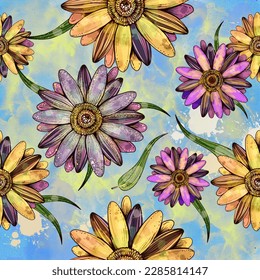 Watercolor abstract purple pink floral seamless background, vibrant flowers hand drawn design pattern for fabric, print, paper. Summer flowers seamless wallpaper vector