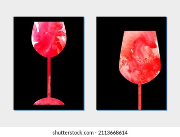 Watercolor abstract red wine stain splash glasses on black background. For wine list, label, food and dfrink artistic background.
