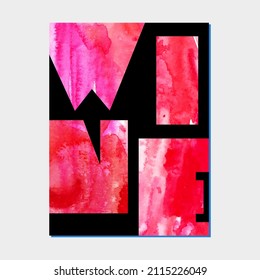 Watercolor abstract red wine stain splash lettering on black background. For wine list, label, food and dfrink artistic background.