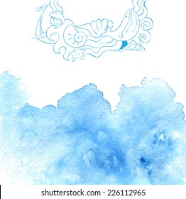 Watercolor abstract sea background with hand drawn sketch. Vector illustration.
