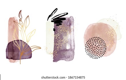 Watercolor abstract shapes, geometric transparent elements in Gold violet bohemian aesthetics. Perfect for brochures, flyers, business cards, webposters, interiors , beauty advertising