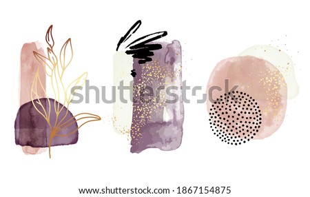 Watercolor abstract shapes, geometric transparent elements in Gold violet bohemian aesthetics. Perfect for brochures, flyers, business cards, webposters, interiors , beauty advertising