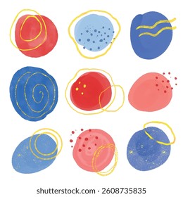 Watercolor abstract shapes with hand-drawn doodles, golden swirls, and dots. Modern artistic design for branding, packaging, social media, invitations, textile prints, and contemporary decor