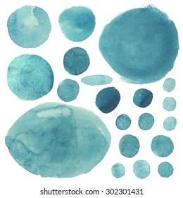 Watercolor abstract sketch grunge circles, paint stains set, teal, mint colors isolated on white background. Hand painting on paper